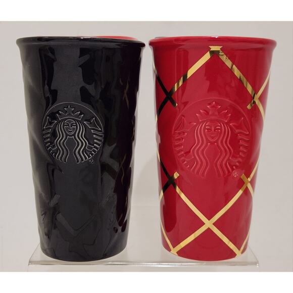 Starbucks Quilted Red Gold & Black Red Ceramic Tumblers Set Of 2 - Picture 1 of 12
